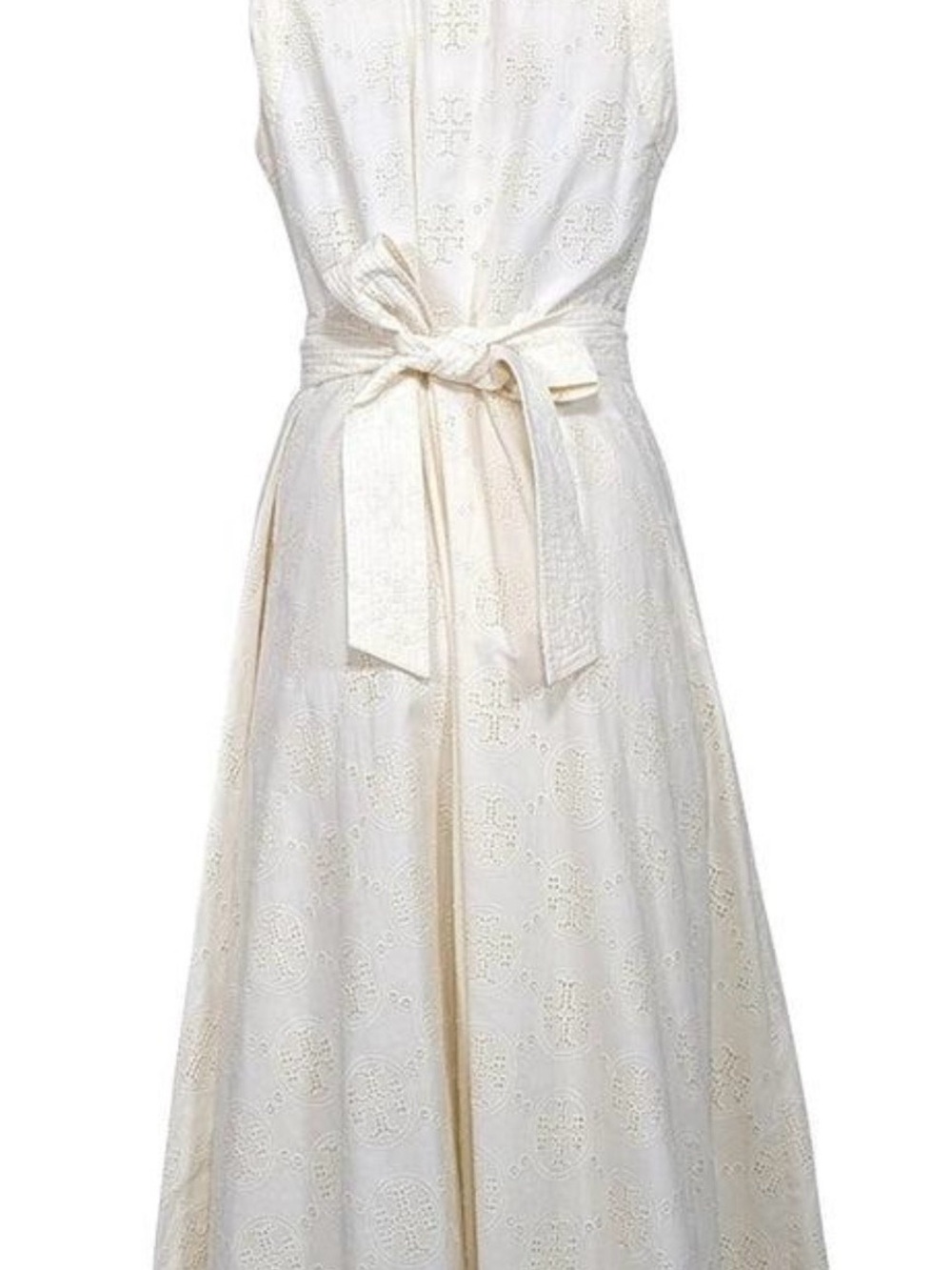 Tory Burch Sleeveless Cream Eyelet Wrap Dress with Waist Tie - Picture 4 of 8
